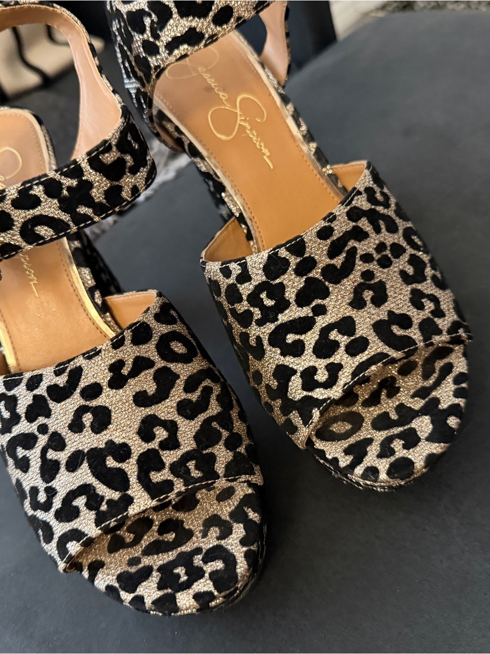 Jessica Simpson Black and Gold Leopard Sparkly Platform Sandals